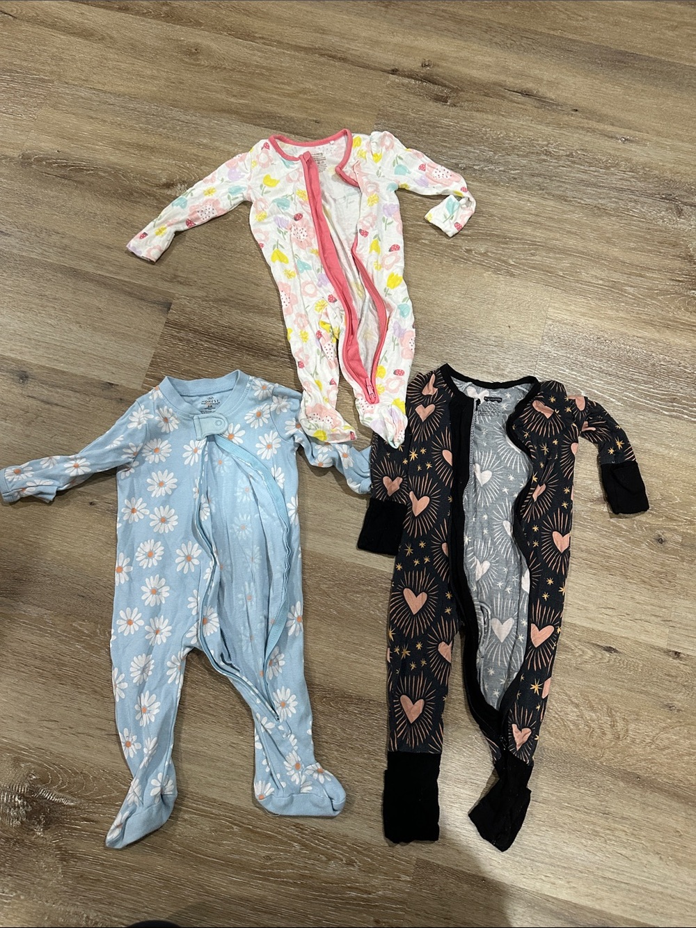 Kids One-Piece Footed Sleepers - Pink, Blue & Black Floral/Heart Prints